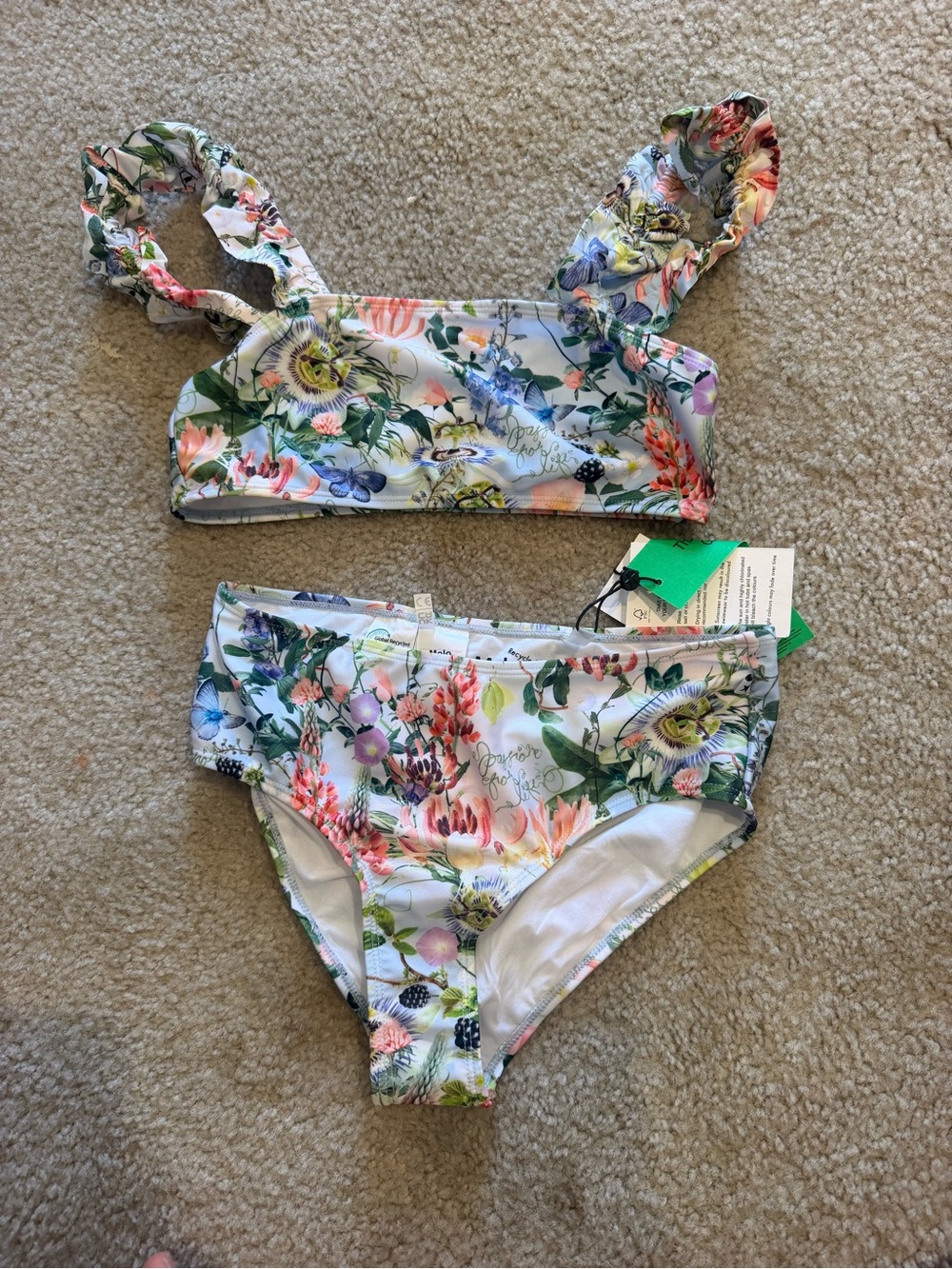 Molo Girls' Floral Ruffle-Strap Bikini - White with Pink, Green, Blue